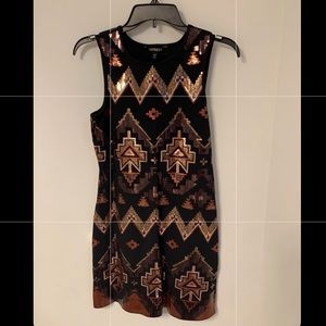 Black, gold, tan sequence dress
